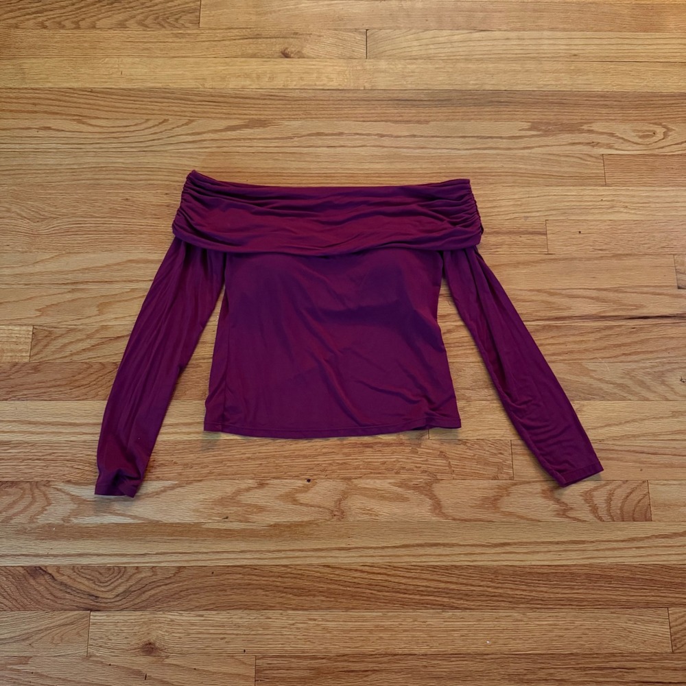 Klassy Network Off The Shoulder Brami Top Size M Plum Purple Long Sleeve Ruched